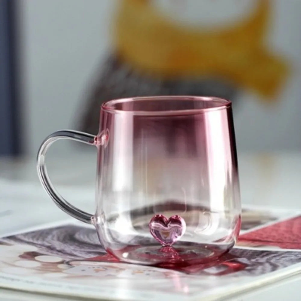 New Transparent Gradient Glass Cup 3D Love Heart 400mL Glass Coffee Mug Large Capacity Couple Pair Cup Home Accessories