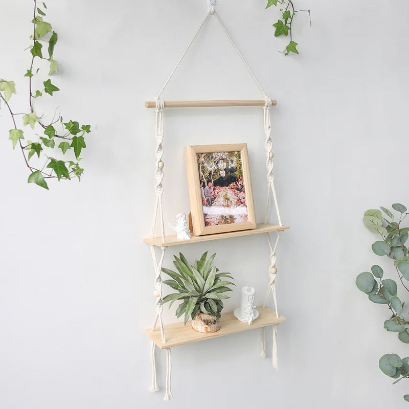 Macrame Shelves for Bedroom & Plant Boho Home Decor Christmas Decoration Wooden Wall Shelf Candle Holder Floating Shelves Gift