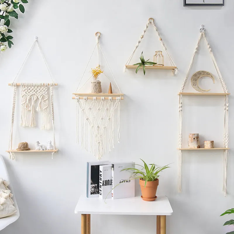 Macrame Shelves for Bedroom & Plant Boho Home Decor Christmas Decoration Wooden Wall Shelf Candle Holder Floating Shelves Gift