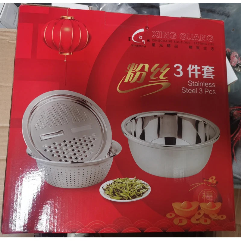 3Pcs/Set Multifunctional Vegetable Slicer Grater With Container Stainless Steel Drain Pot Strainer Basket Kitchen Accessories