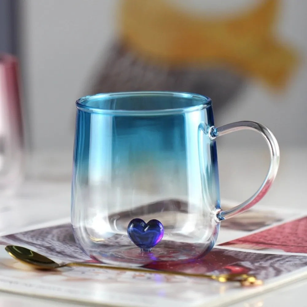 New Transparent Gradient Glass Cup 3D Love Heart 400mL Glass Coffee Mug Large Capacity Couple Pair Cup Home Accessories