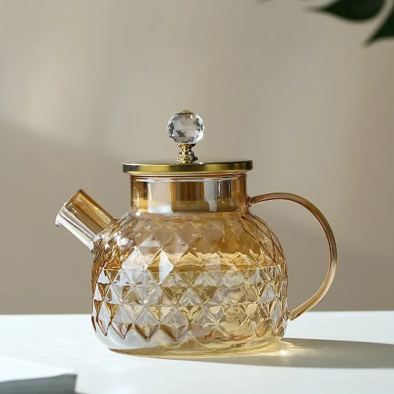 JUSTINLAU 1/1.8L Glass Tea pot With Lid and Filter Champagne Tea Kettle Cold and heat resistant Tea maker For Blooming Fruit Tea