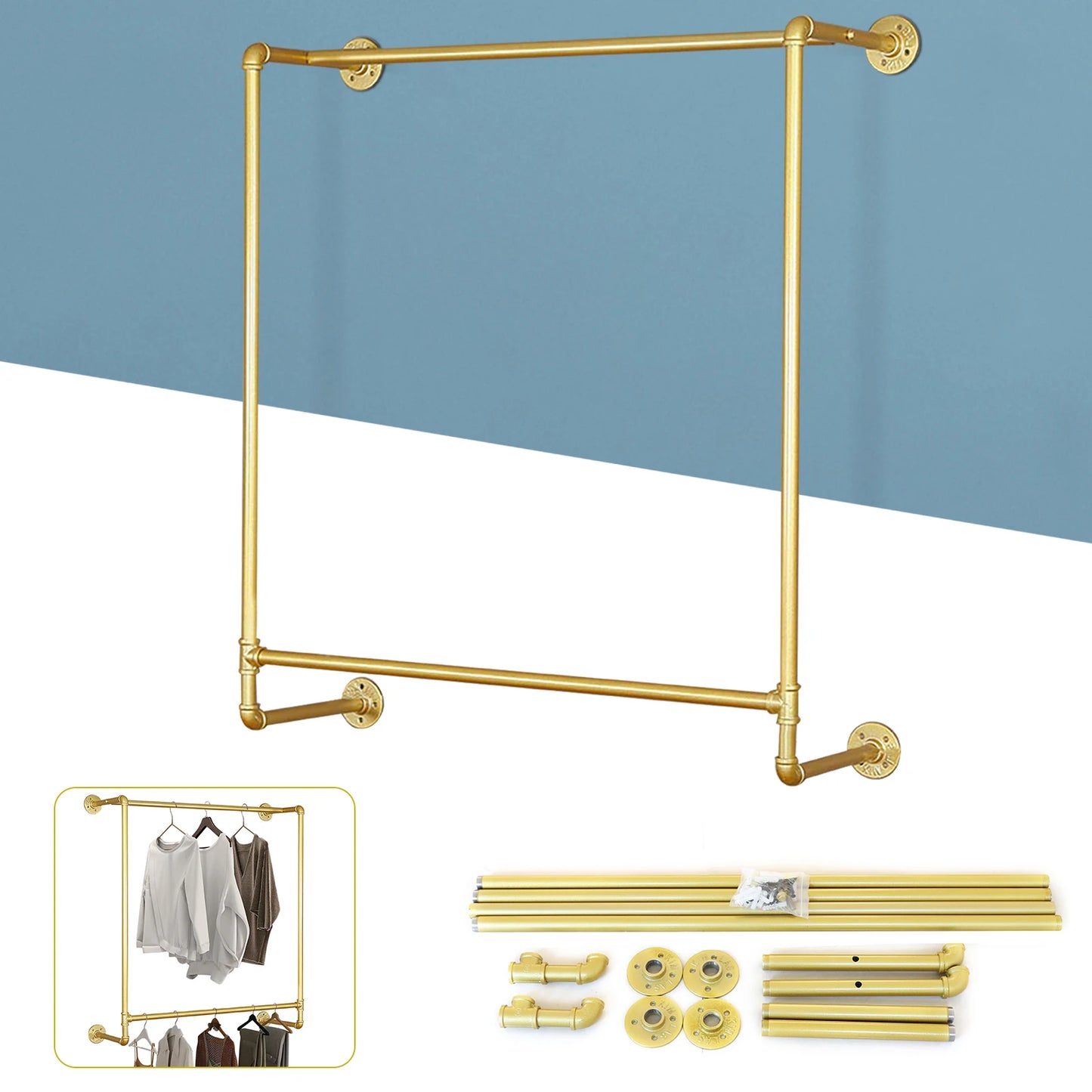 Gold Iron Industrial Pipe Wall Mounted Clothing Rack Wedding Dress Bridal Garment Rack Stand Retail Display Closet Organization