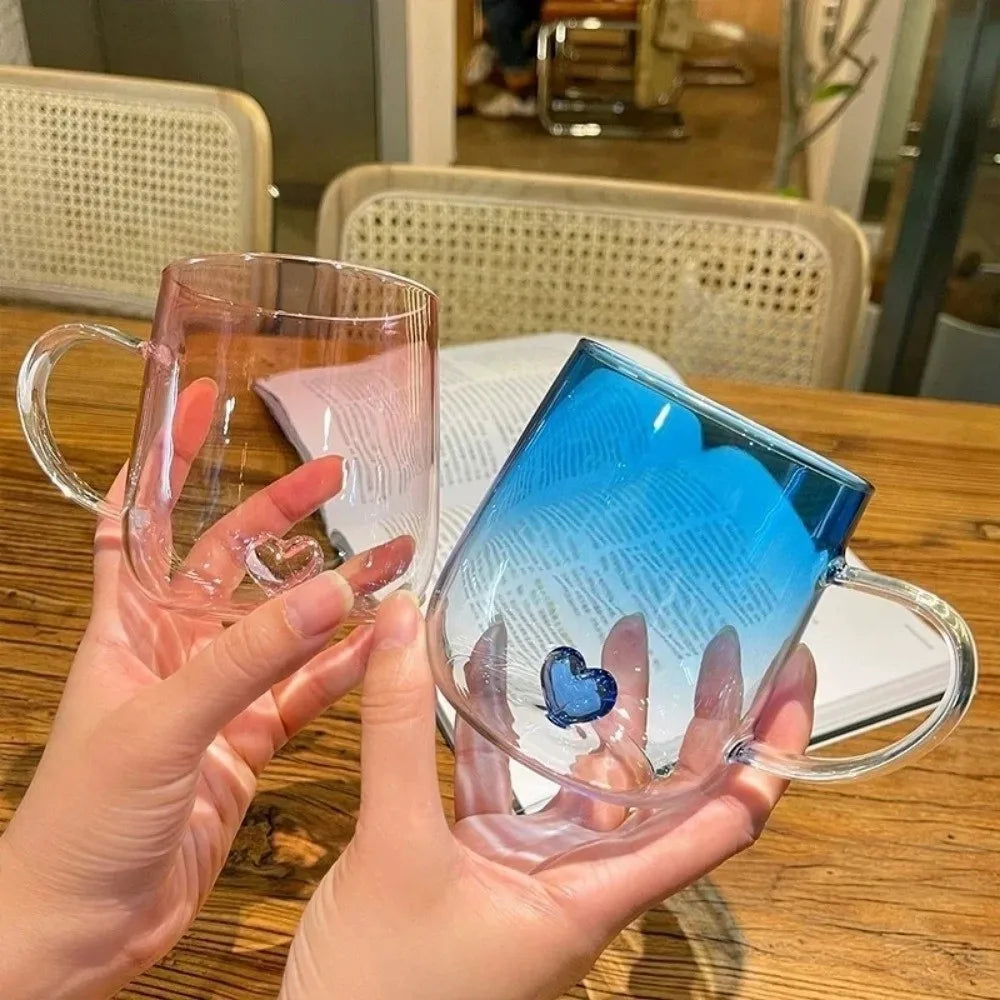 New Transparent Gradient Glass Cup 3D Love Heart 400mL Glass Coffee Mug Large Capacity Couple Pair Cup Home Accessories