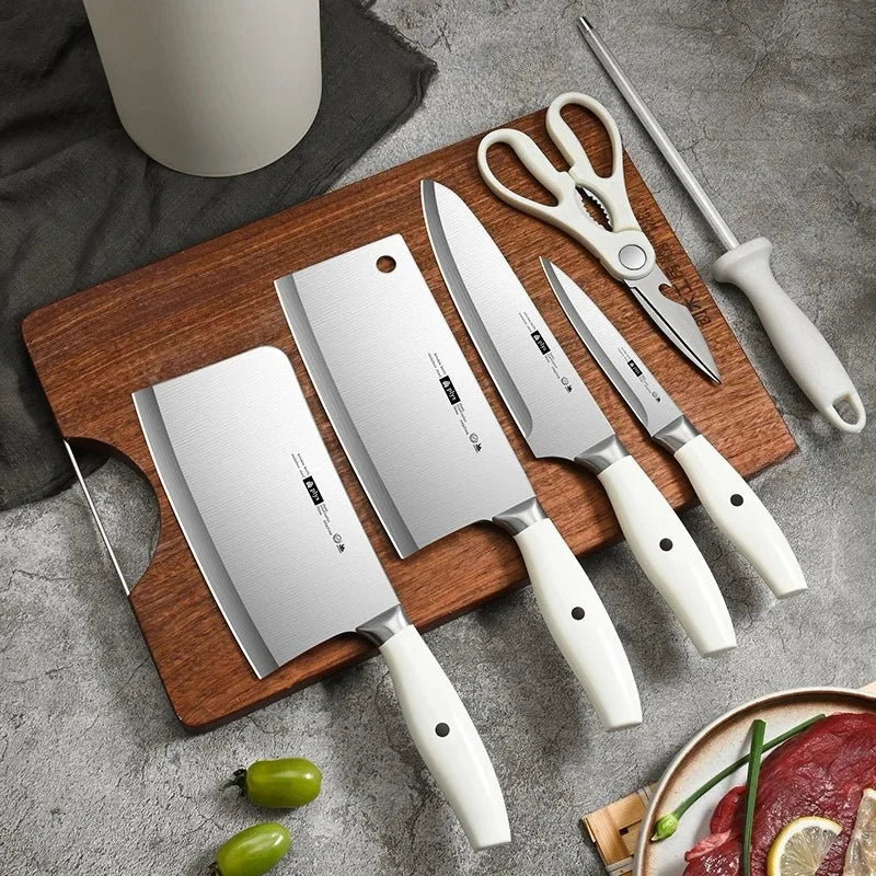 6-Piece Kitchen Knife Set with Sharpener & Storage-Stainless Steel Bone Cleaver, Chef & Fruit Knives,Complete Home Cutting Tools