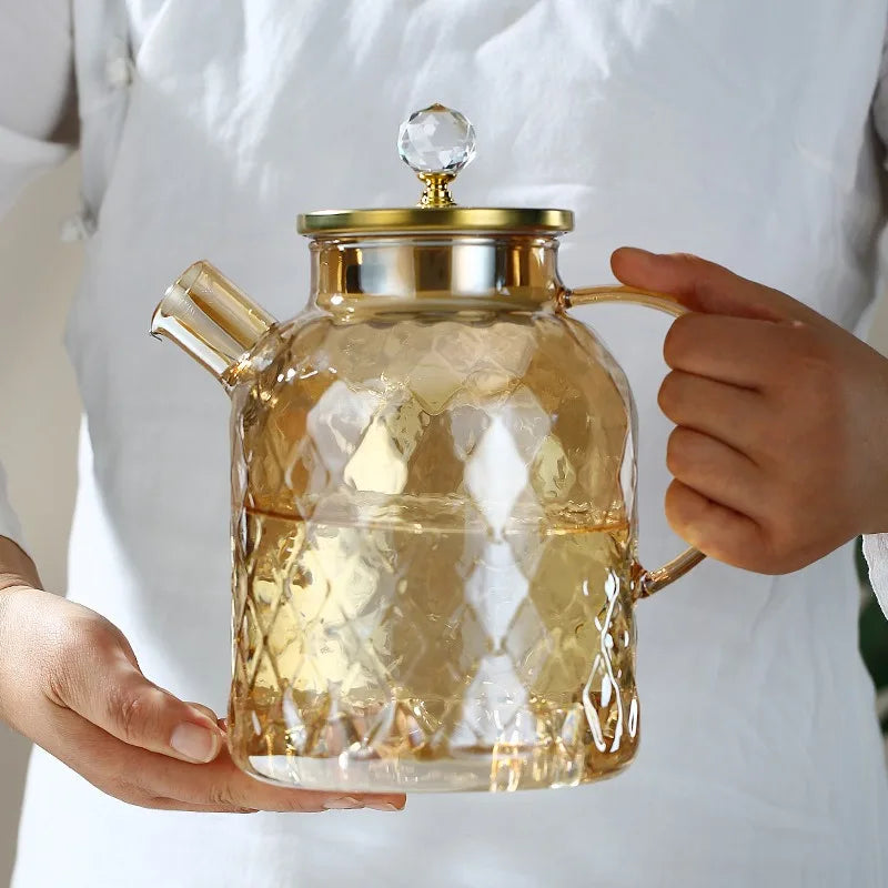 JUSTINLAU 1/1.8L Glass Tea pot With Lid and Filter Champagne Tea Kettle Cold and heat resistant Tea maker For Blooming Fruit Tea