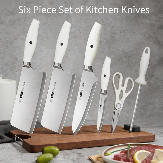 6-Piece Kitchen Knife Set with Sharpener & Storage-Stainless Steel Bone Cleaver, Chef & Fruit Knives,Complete Home Cutting Tools