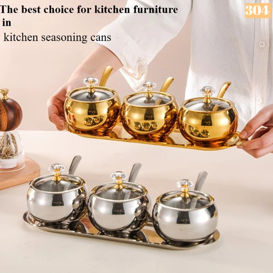 304 stainless steel practical spice jar set, equipped with transparent glass lid spoon and tray, kitchen seasoning accessories