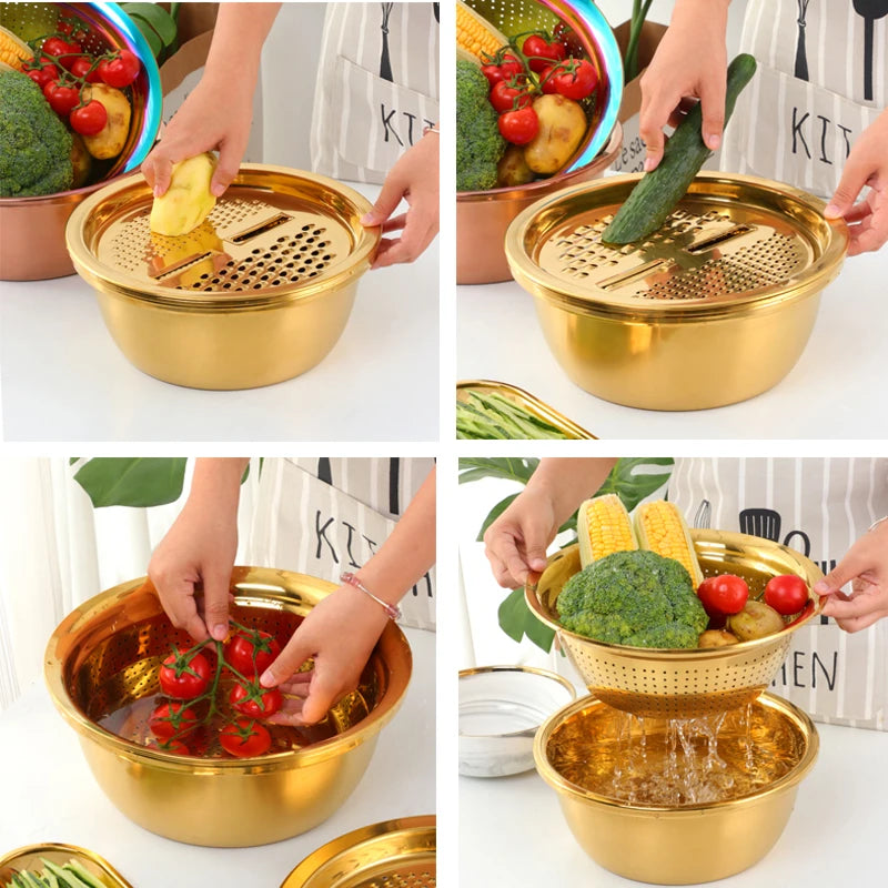 3Pcs/Set Multifunctional Vegetable Slicer Grater With Container Stainless Steel Drain Pot Strainer Basket Kitchen Accessories