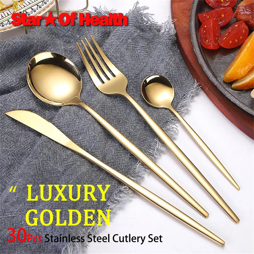 30Pcs Gold Tableware Set Cutlery Set Stainless Steel Cutlery Gold Fork Spoon Knife Silverware Set Banquet Luxury Dinnerware Set