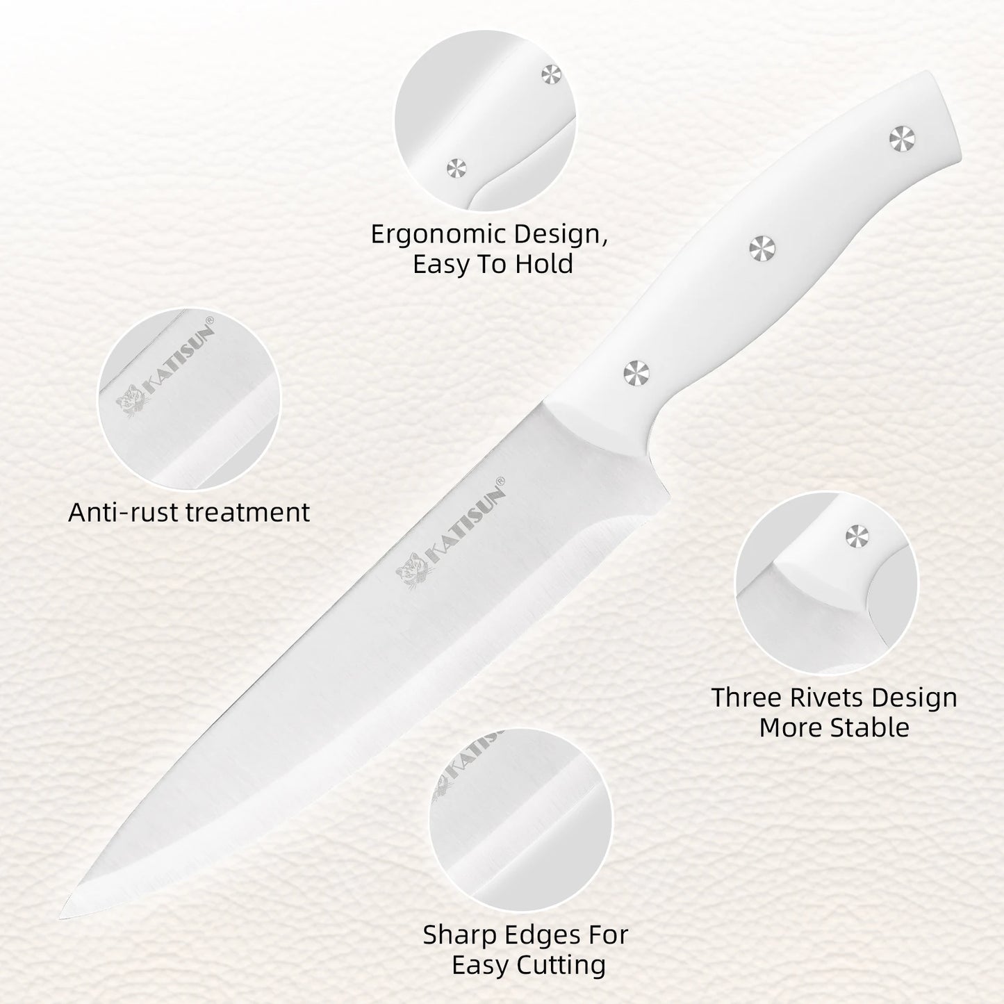 15 Pieces White Carbon Steel Kitchen Knife Block Set, Built-in Knife Sharpener, Ergonomic Triple Rivet Fixed Handle