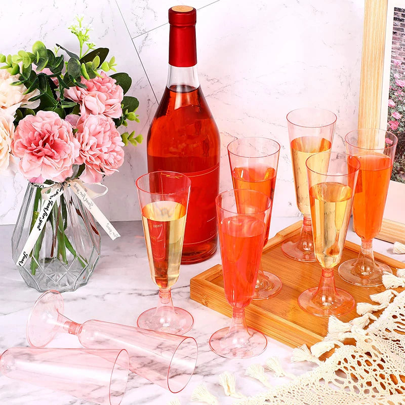 10Pcs Pink Champagne Cup Disposable Plastic Flutes Cups Wedding Birthday Party Supplies Bar Drink Red Wine Ice Cream Cup