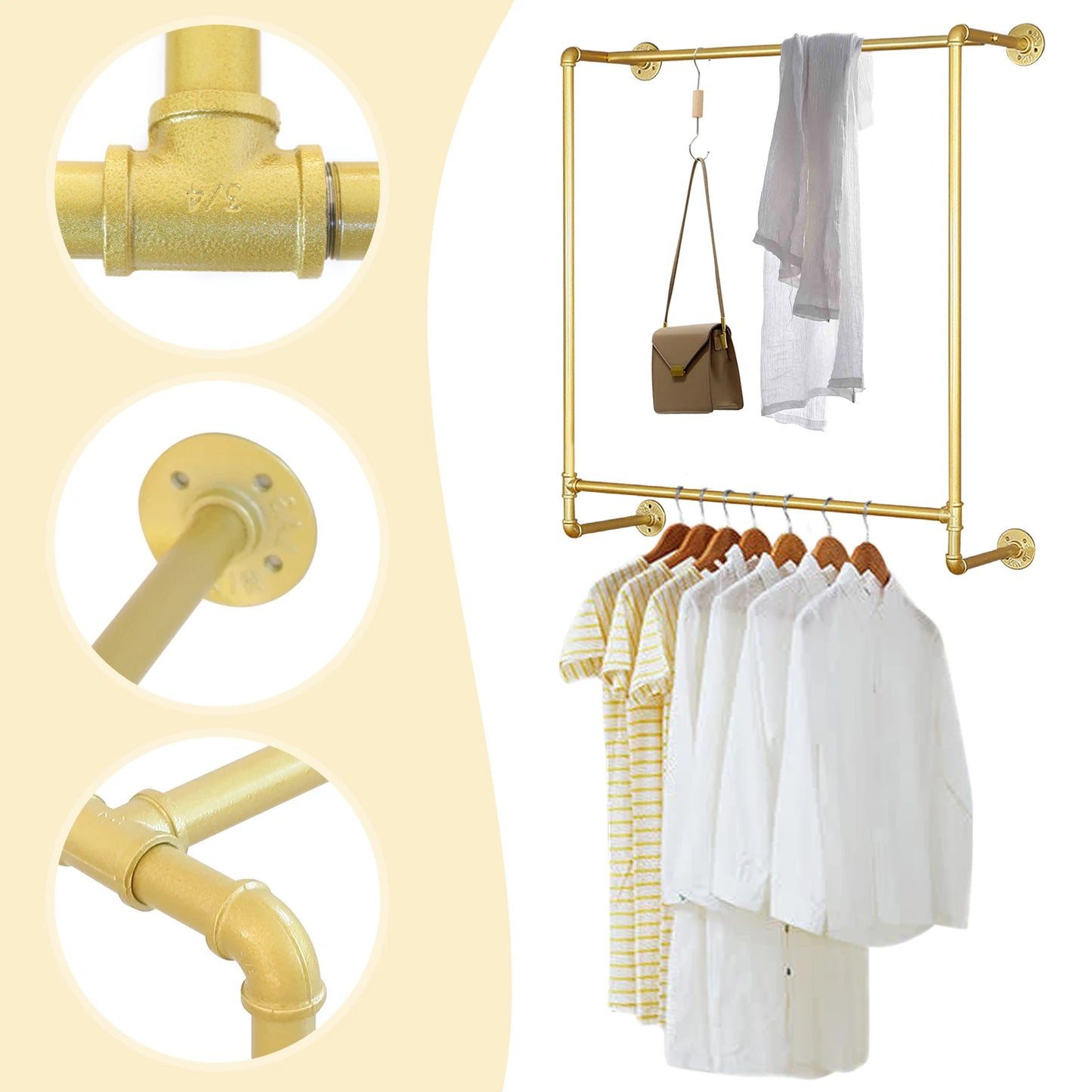 Gold Iron Industrial Pipe Wall Mounted Clothing Rack Wedding Dress Bridal Garment Rack Stand Retail Display Closet Organization