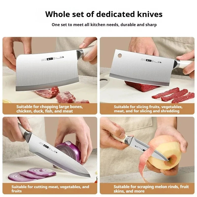 6-Piece Kitchen Knife Set with Sharpener & Storage-Stainless Steel Bone Cleaver, Chef & Fruit Knives,Complete Home Cutting Tools