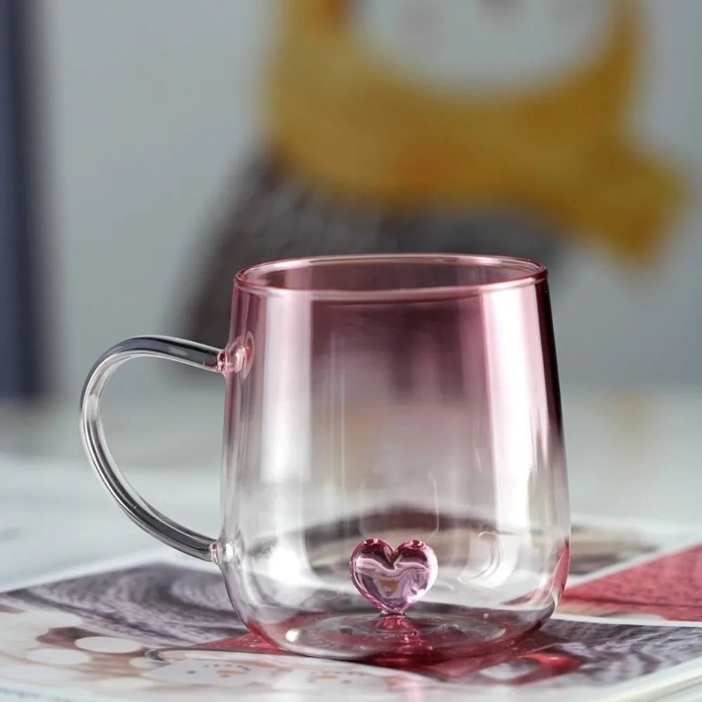 New Transparent Gradient Glass Cup 3D Love Heart 400mL Glass Coffee Mug Large Capacity Couple Pair Cup Home Accessories