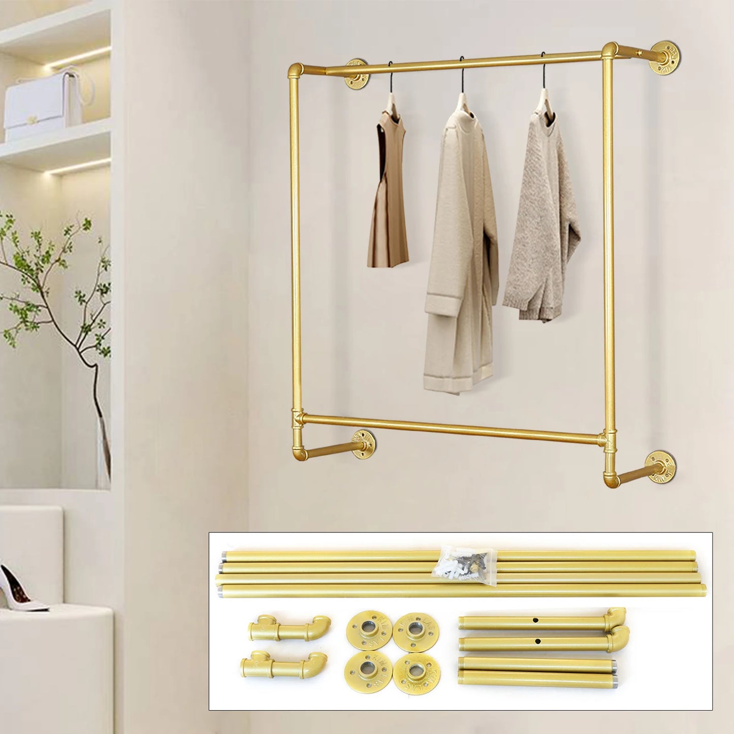 Gold Iron Industrial Pipe Wall Mounted Clothing Rack Wedding Dress Bridal Garment Rack Stand Retail Display Closet Organization