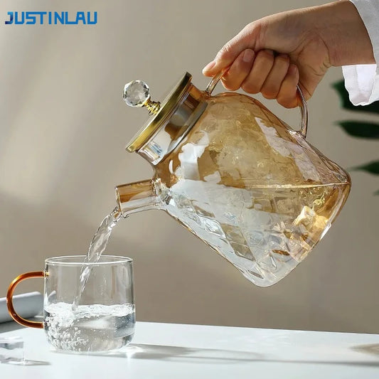 JUSTINLAU 1/1.8L Glass Tea pot With Lid and Filter Champagne Tea Kettle Cold and heat resistant Tea maker For Blooming Fruit Tea