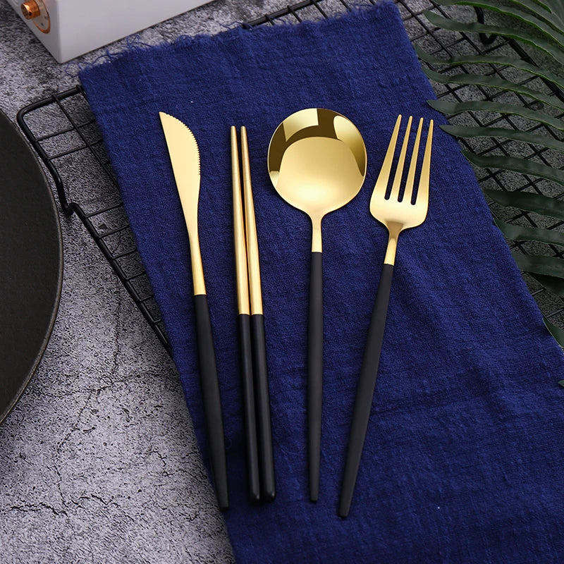 Gold Cutlery Set Korean Stainless Steel Tableware Set Fork Spoon And Chopsticks Set Golden Dinnerware Set Luxury Tableware Set