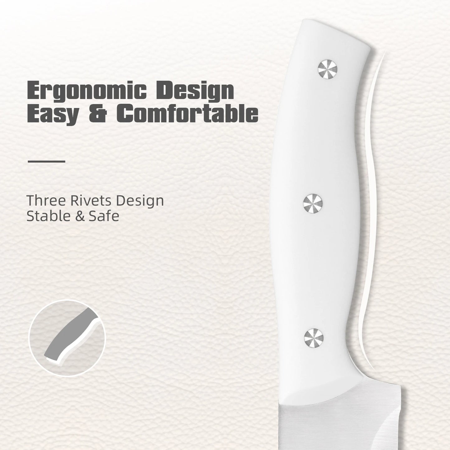 15 Pieces White Carbon Steel Kitchen Knife Block Set, Built-in Knife Sharpener, Ergonomic Triple Rivet Fixed Handle