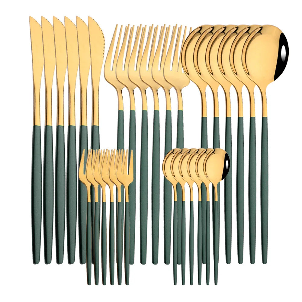 30Pcs/Set Stainless Steel Dinner Black Gold Dinnerware Set Knife Fruit Fork Spoon Cutlery Set Kitchen Tableware Silverware Sets