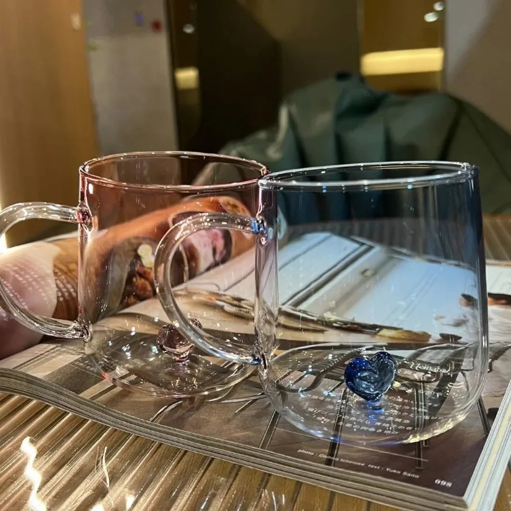New Transparent Gradient Glass Cup 3D Love Heart 400mL Glass Coffee Mug Large Capacity Couple Pair Cup Home Accessories