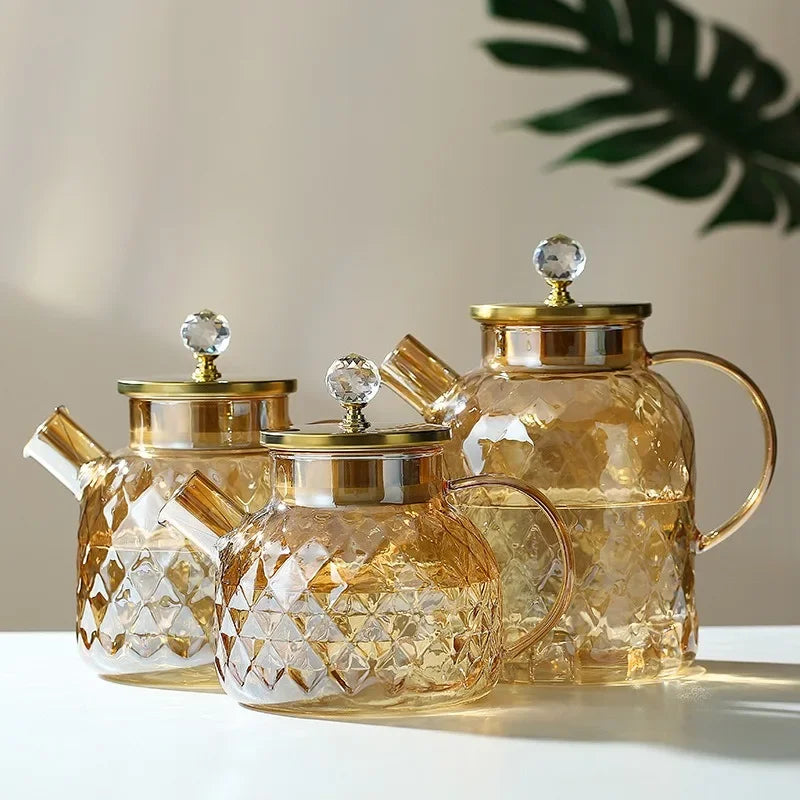 JUSTINLAU 1/1.8L Glass Tea pot With Lid and Filter Champagne Tea Kettle Cold and heat resistant Tea maker For Blooming Fruit Tea
