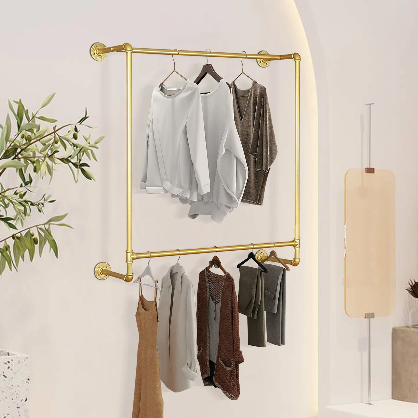 Gold Iron Industrial Pipe Wall Mounted Clothing Rack Wedding Dress Bridal Garment Rack Stand Retail Display Closet Organization